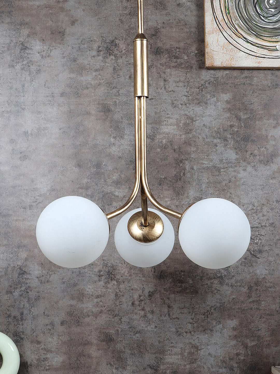 MFD HOME FURNISHING Gold Toned & White Textured Ceiling Lamp With 3 Shade Light