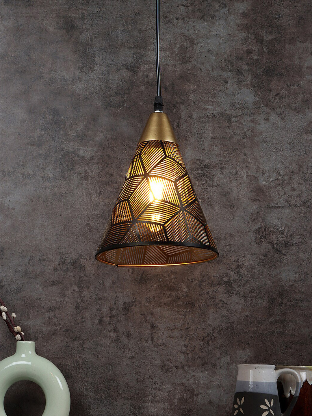 MFD HOME FURNISHING Black & Beige Textured 1 Shade Light Ceiling Lamp