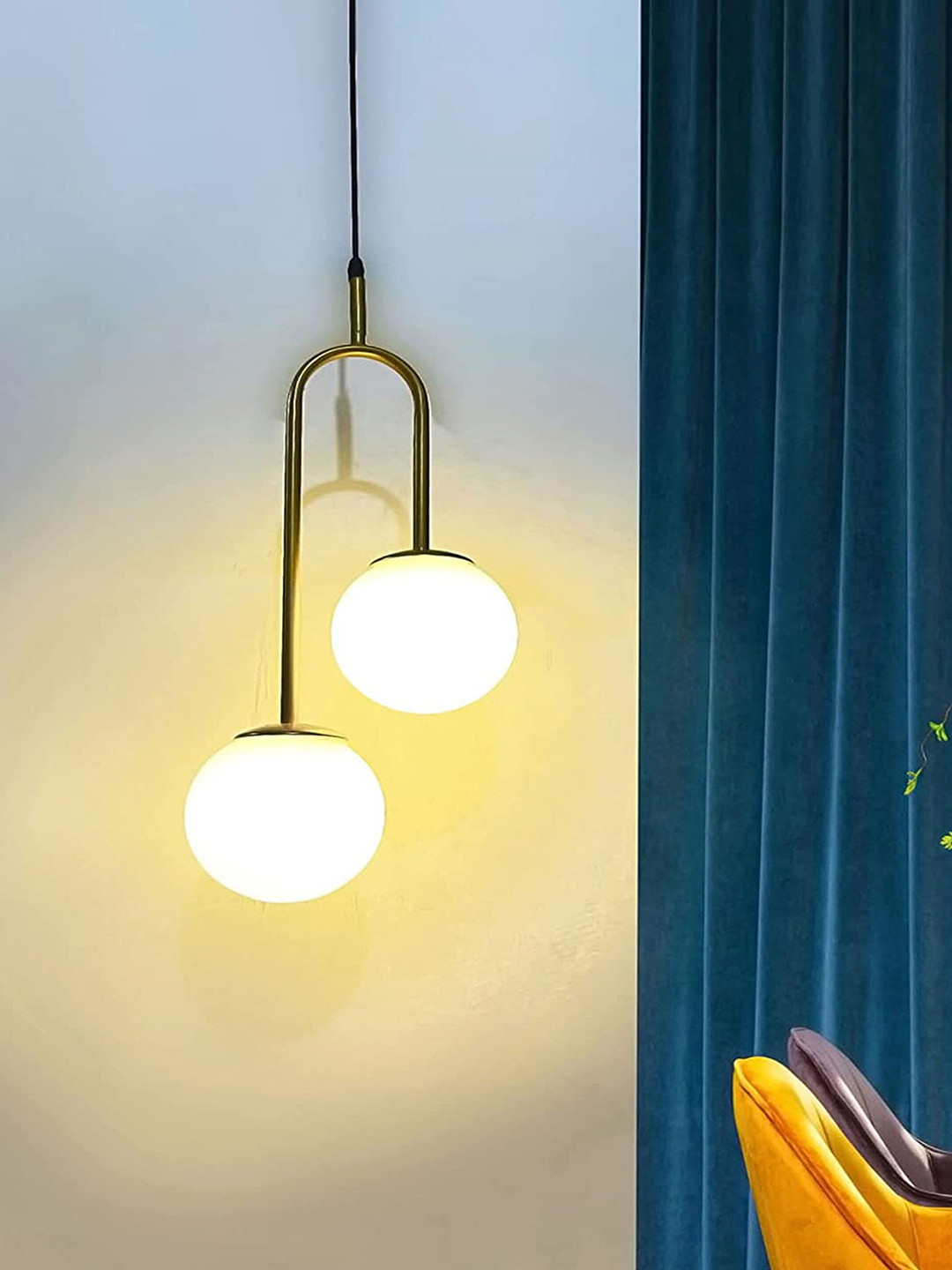 MFD HOME FURNISHING Gold Toned & White Metal Ceiling Lamp With 2 Lights