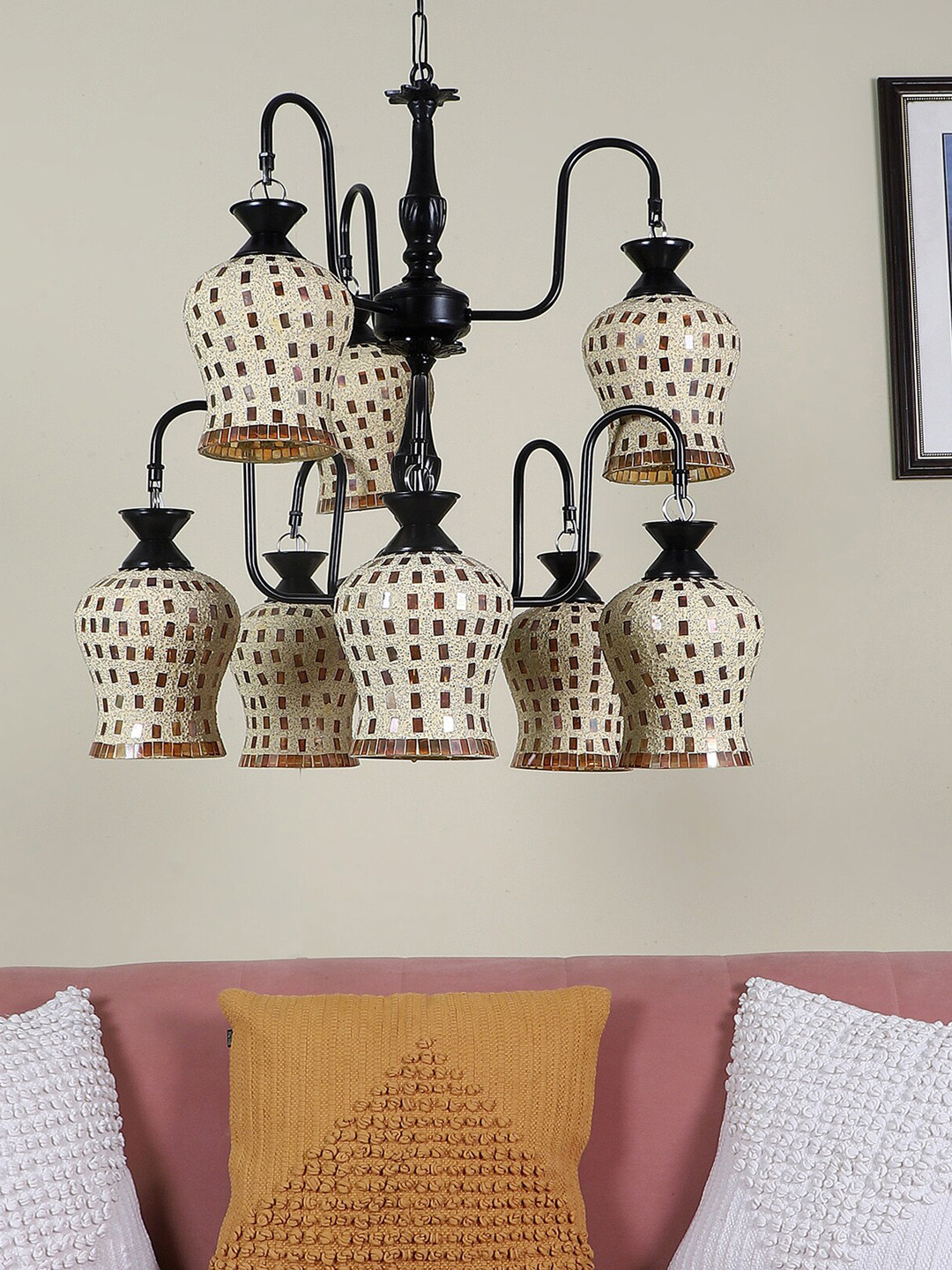 MFD HOME FURNISHING Black & Cream-Colored Textured Ceiling Lamp With 8 Shade Light