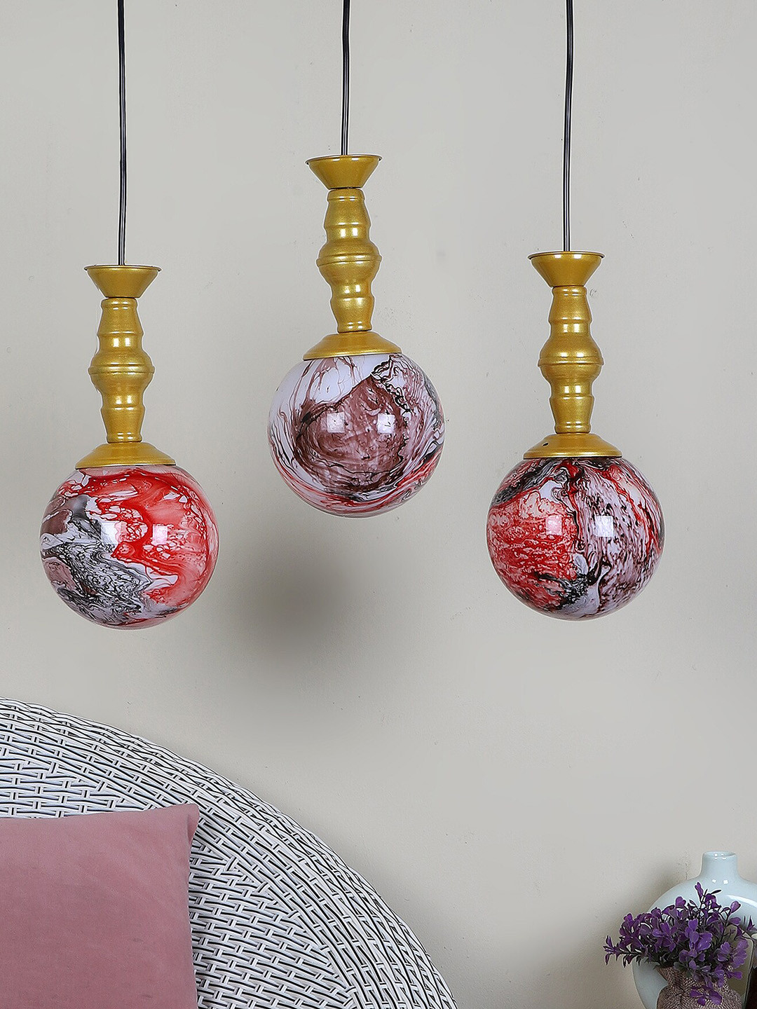 MFD HOME FURNISHING Gold Toned & Red Textured Ceiling Lamp With 3 Shade Light