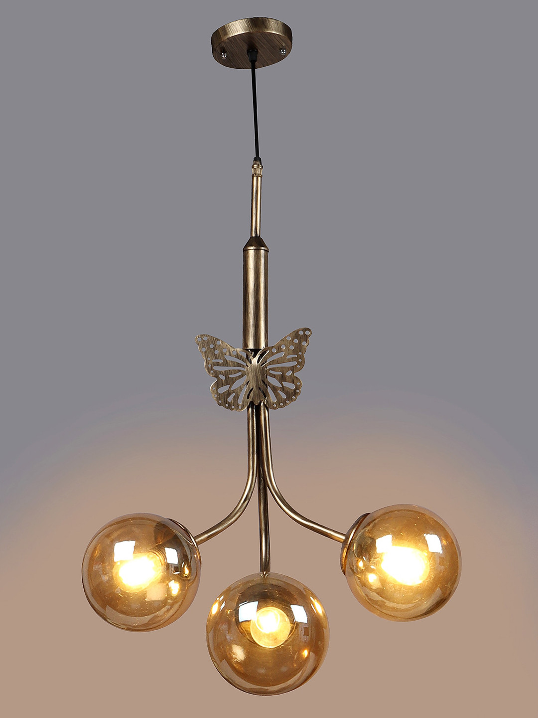 MFD HOME FURNISHING Gold Toned Textured 3D Ceiling Lamp With 3 Shade Light