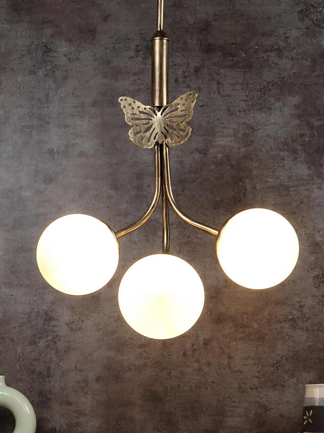 MFD HOME FURNISHING Gold Toned & White Textured Doom Ceiling Lamp With 3 Shade Light