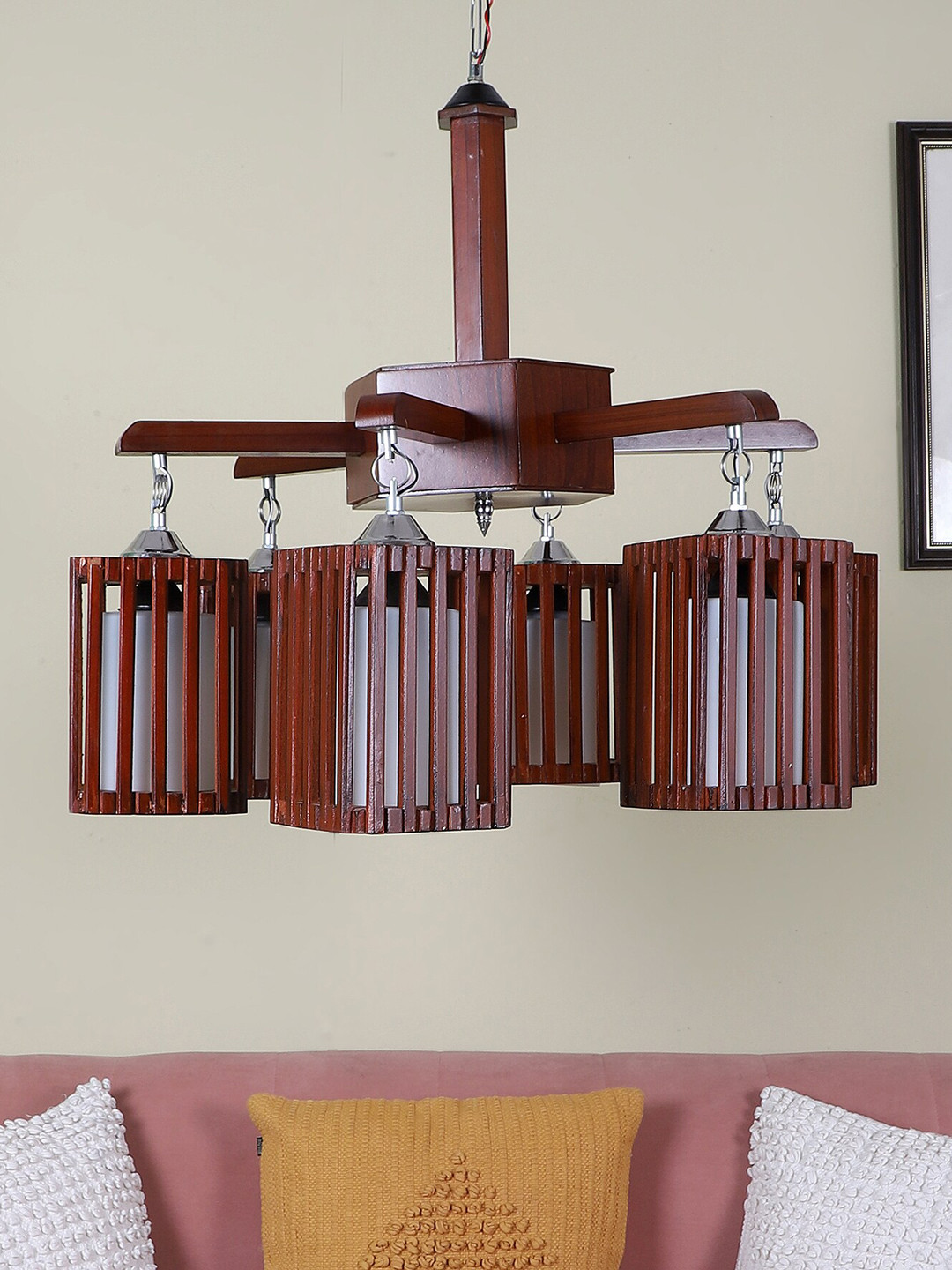 MFD HOME FURNISHING Brown Wooden Chandelier With 6 Lights