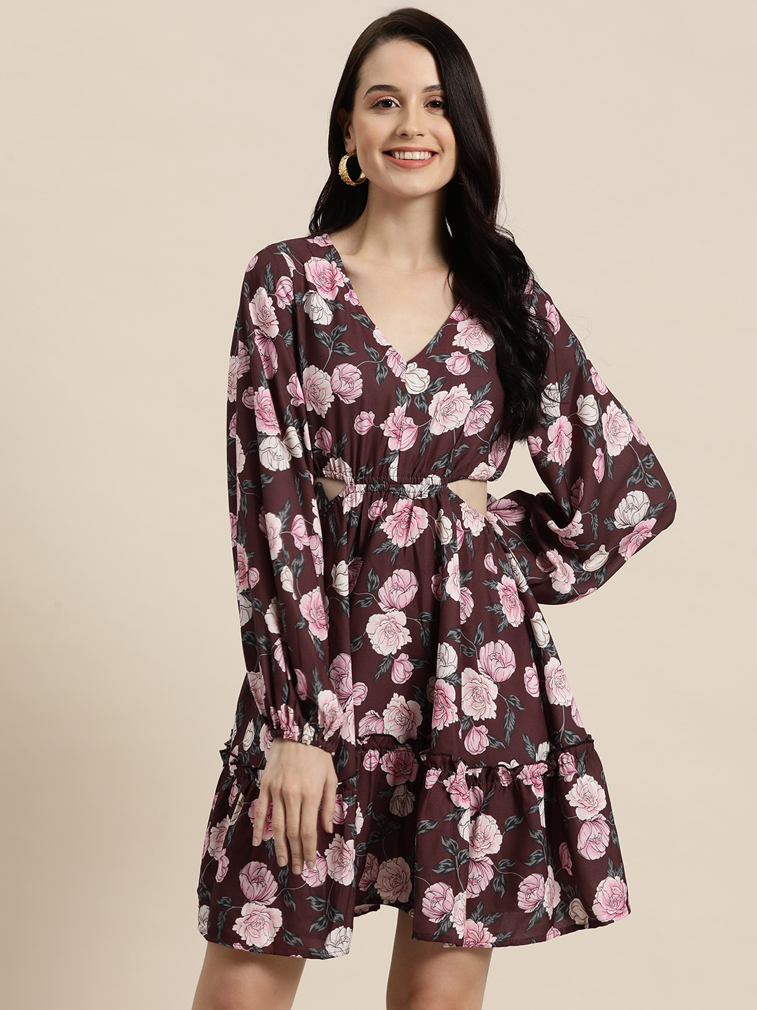 HERE&NOW Floral Print Cut-Out Back Fit & Flare Dress