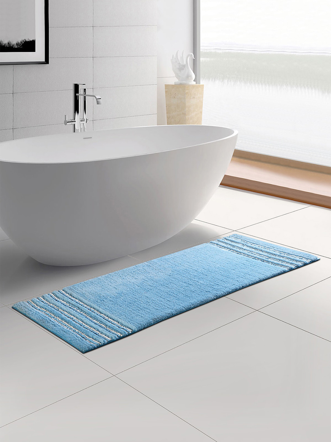 OBSESSIONS Blue Self Design Anti-Skid Rectangular Bath Rug