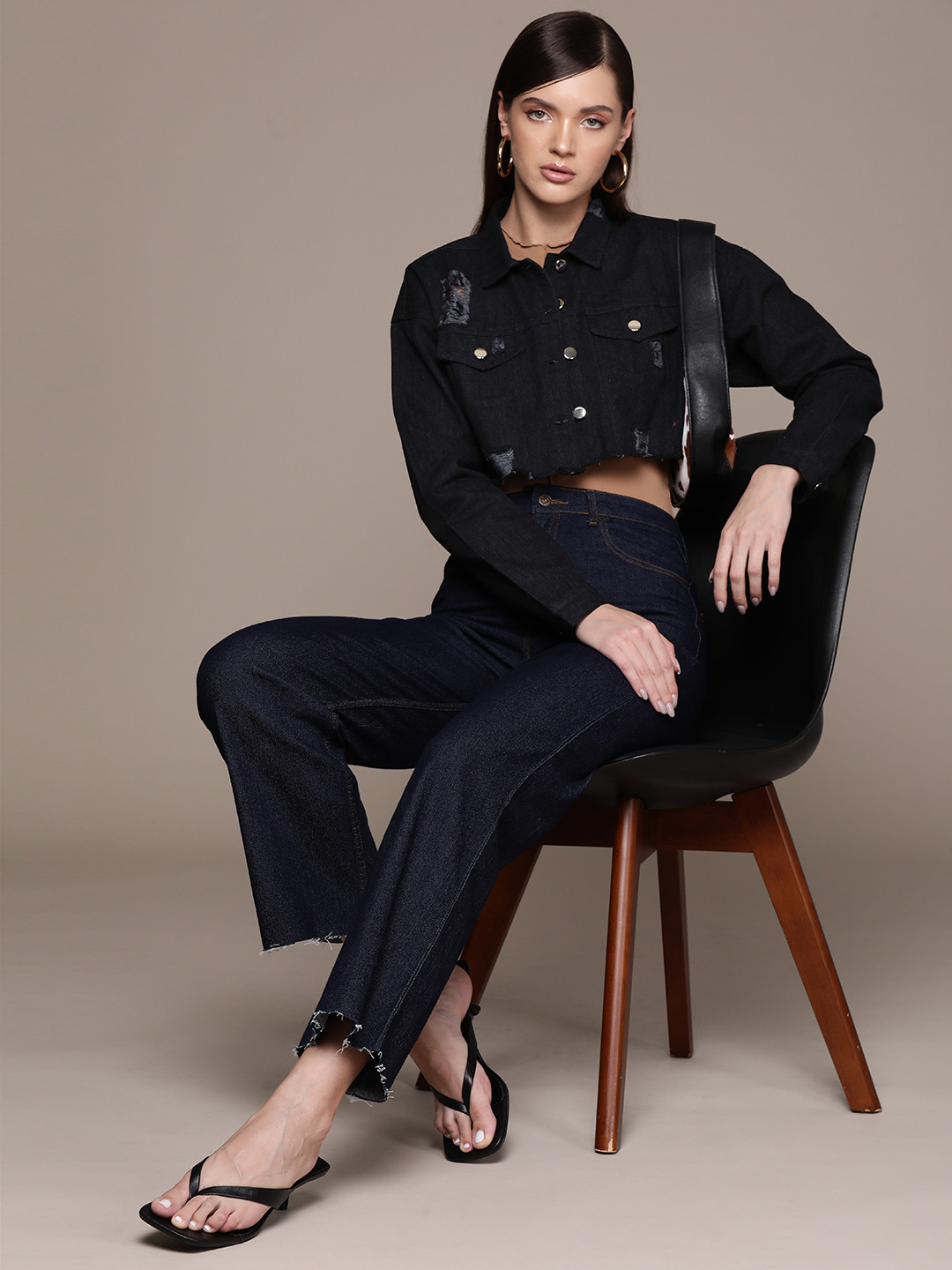 bebe Denim Daze Solid Drop-Shoulder Sleeves Ripped Detail Cropped Pure Cotton Denim Jacket