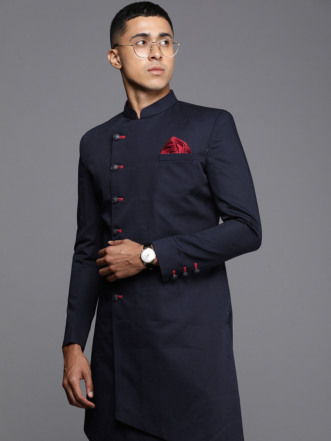 Manu Men Self Design Full Sleeves Georgette Sherwani With Churidar