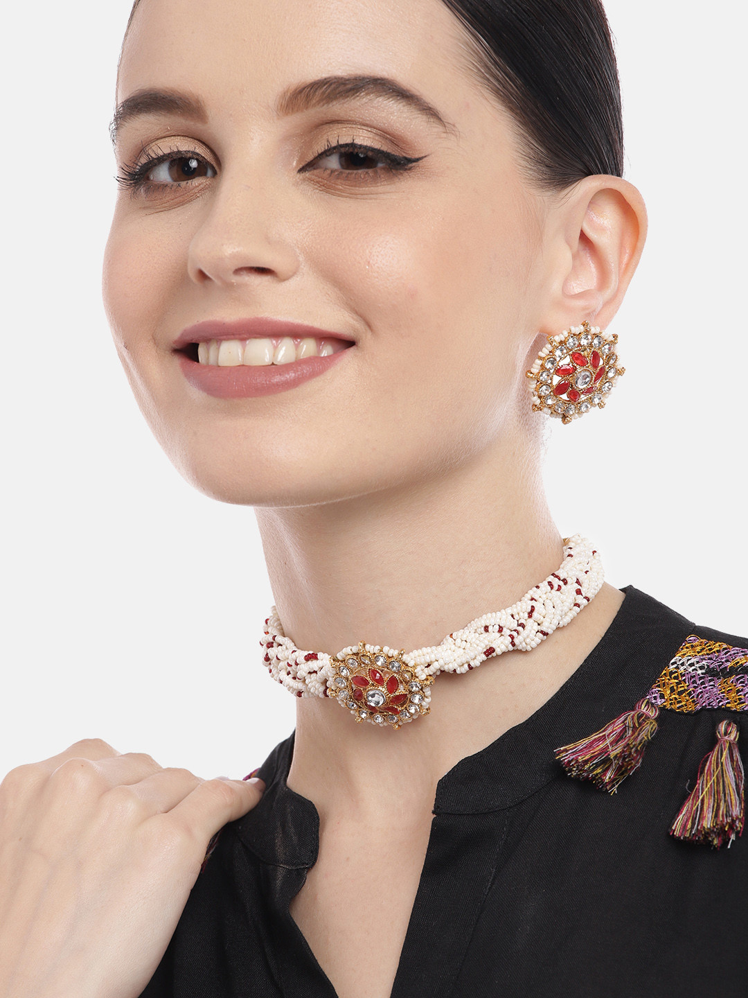 Aadvik Designs Gold-plated White Pearl Beaded Choker Necklace set