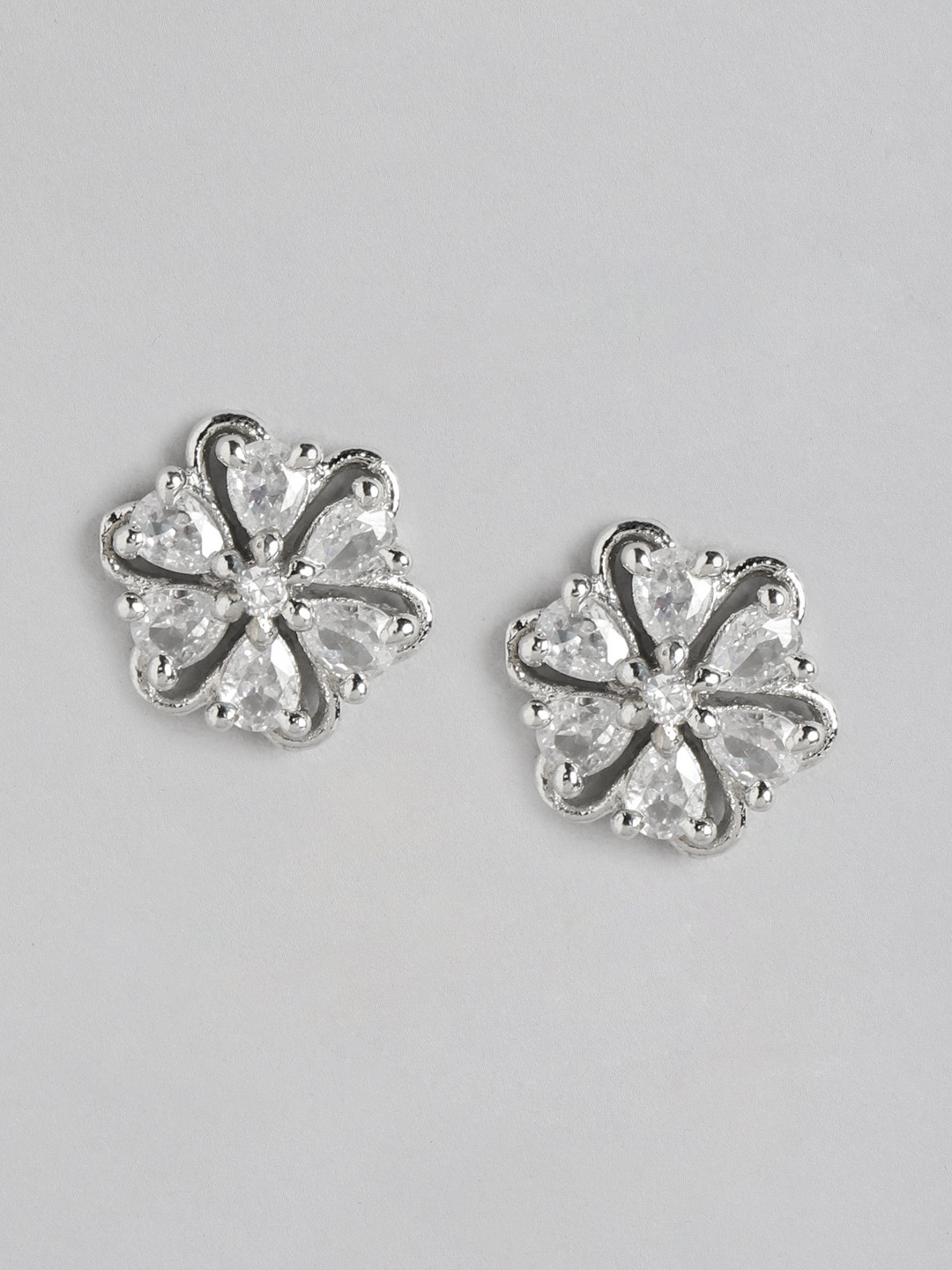 Aadvik Designs Silver-Plated AD Studded Floral Studs Earrings
