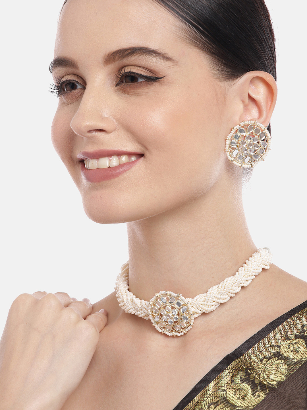 Aadvik Designs Gold-Plated Pearl Studded & Kundan Beaded Mirror Necklace with Earrings