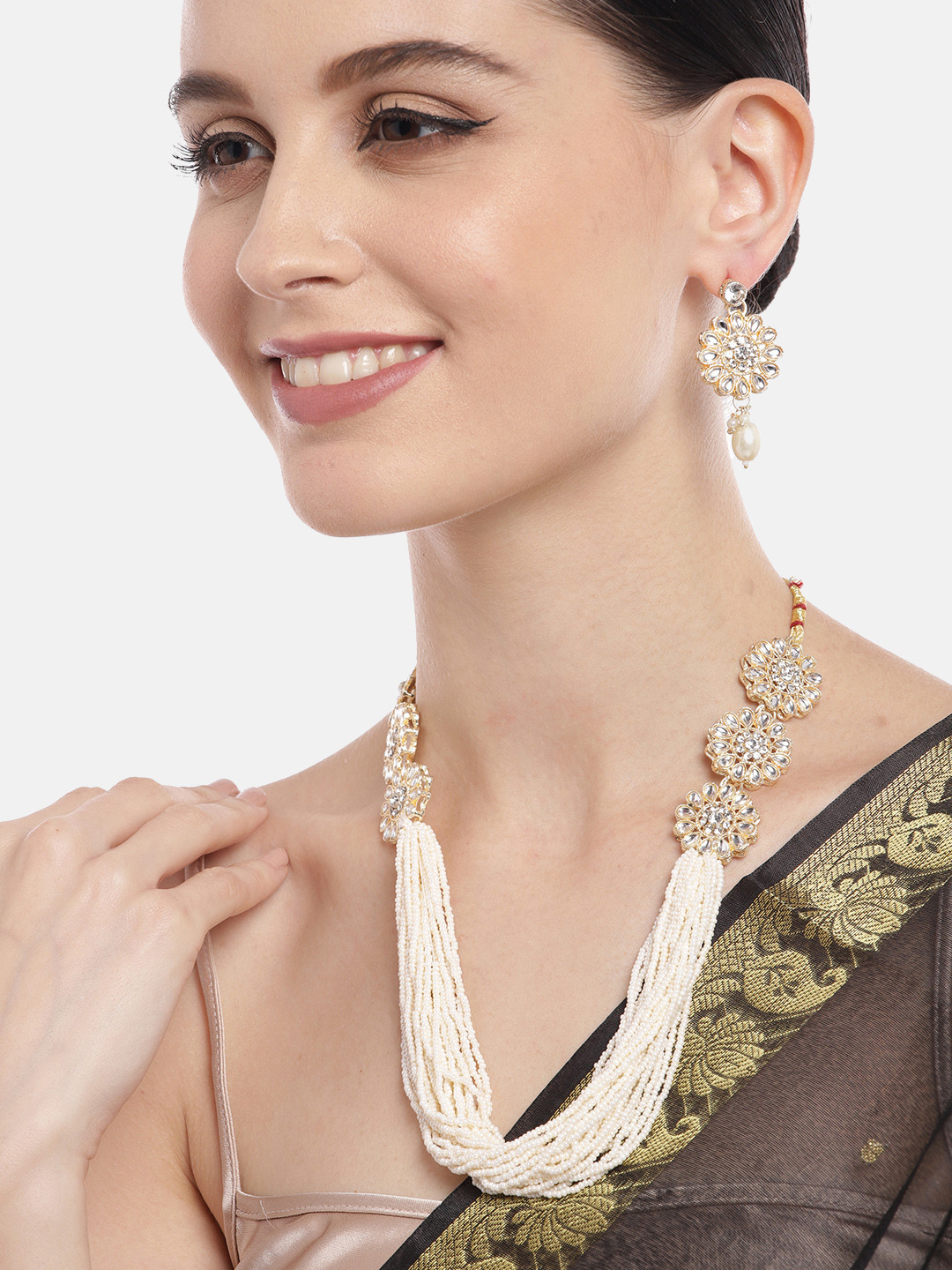Aadvik Designs Women Gold-Plated Pearl Studded & Kundan Beaded Necklace with Earrings