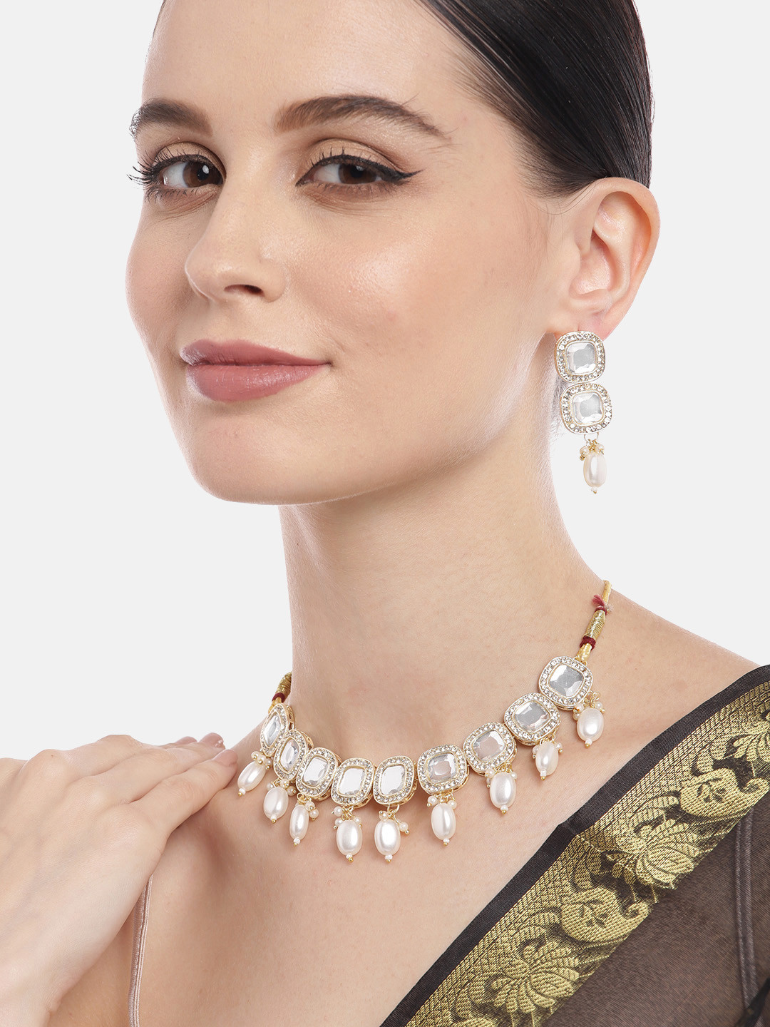 Aadvik Designs Women Gold-Plated Kundan Studded Mirror Necklace & Earrings Set