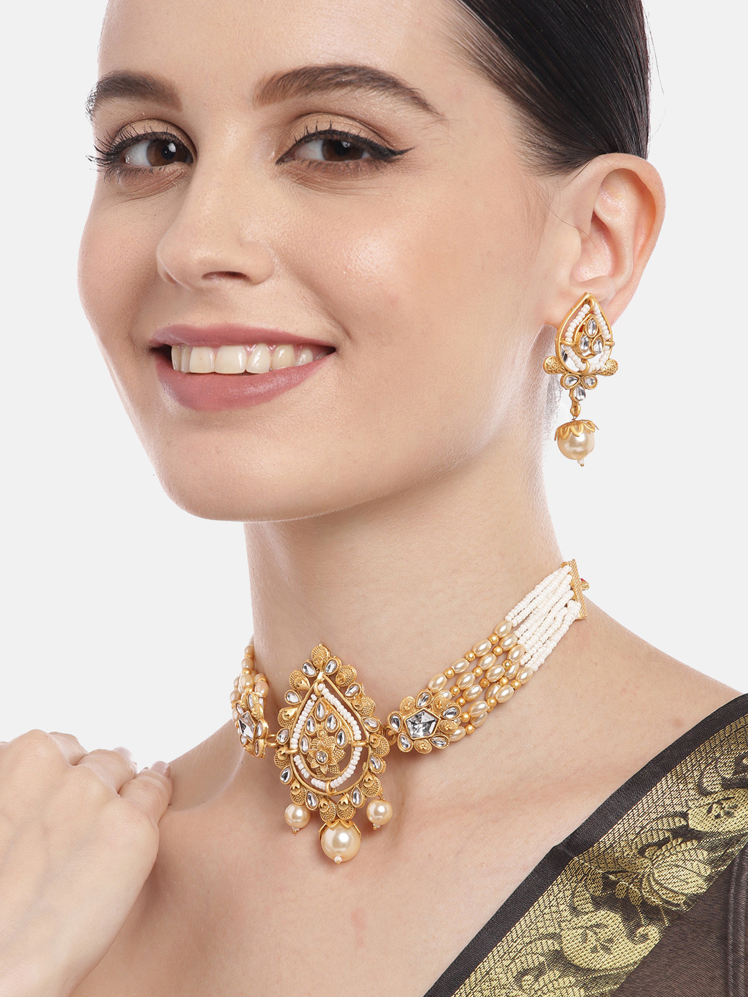 Aadvik Designs Gold-Plated Kundan & Pearl Studded Necklace & Earrings
