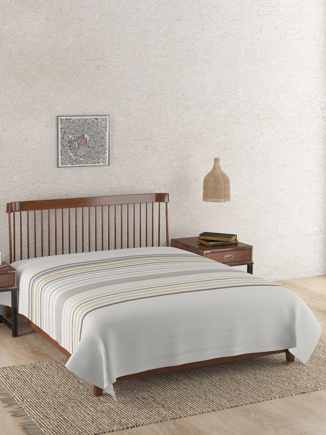 Fabindia Beige & Grey Striped Cotton King Bed Cover