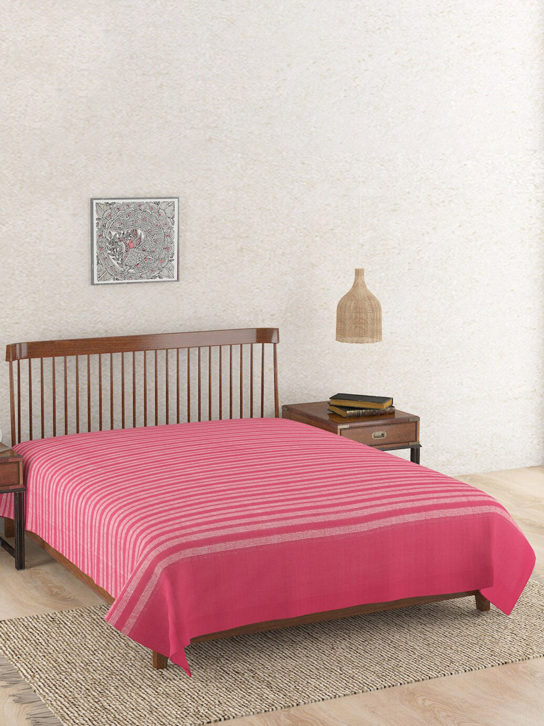 Fabindia Pink Woven Design Striped Amza Cotton King Bed Cover