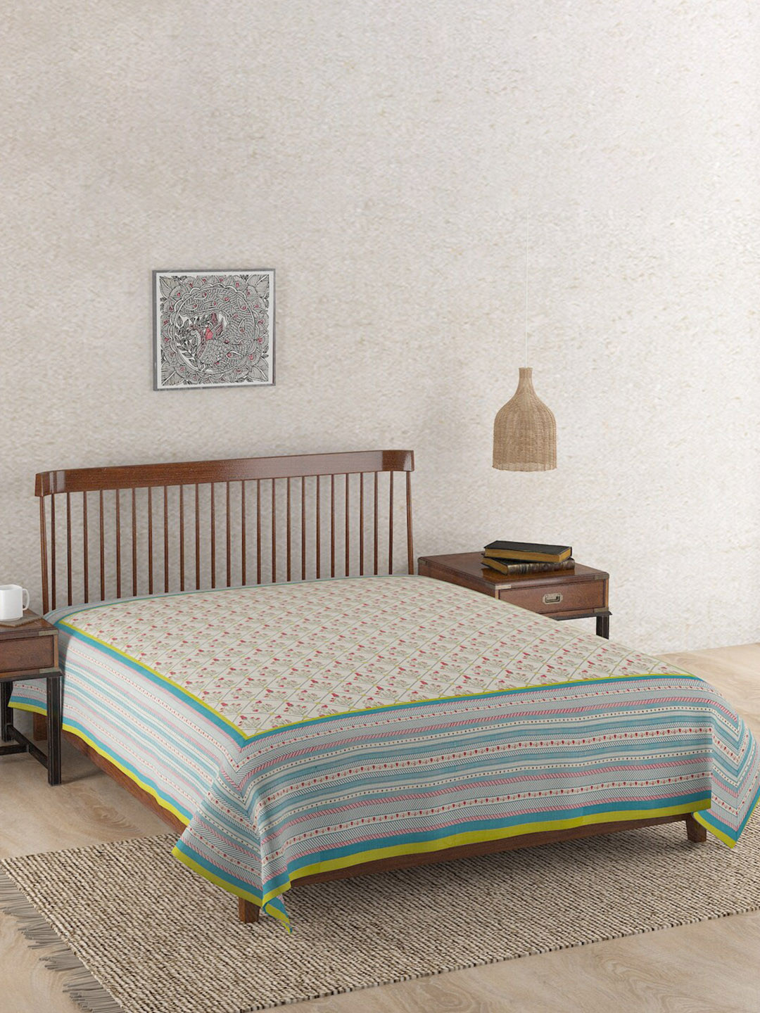 Fabindia Blue Ethnic Motifs Printed Rasika Cotton Double Bed Cover