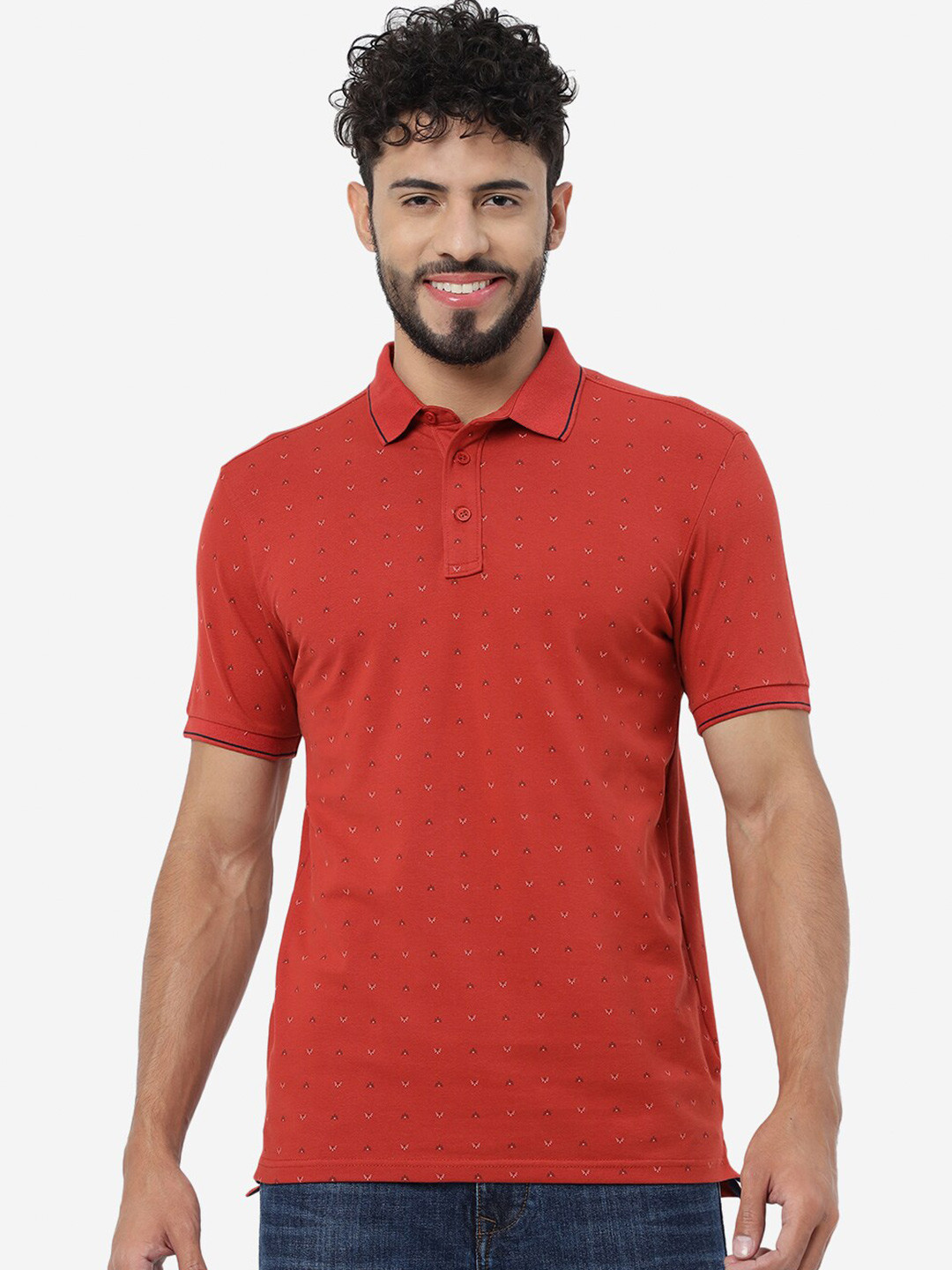 JADE BLUE Micro Ditsy Printed Polo Collar Slim Fit Cotton T-Shirt