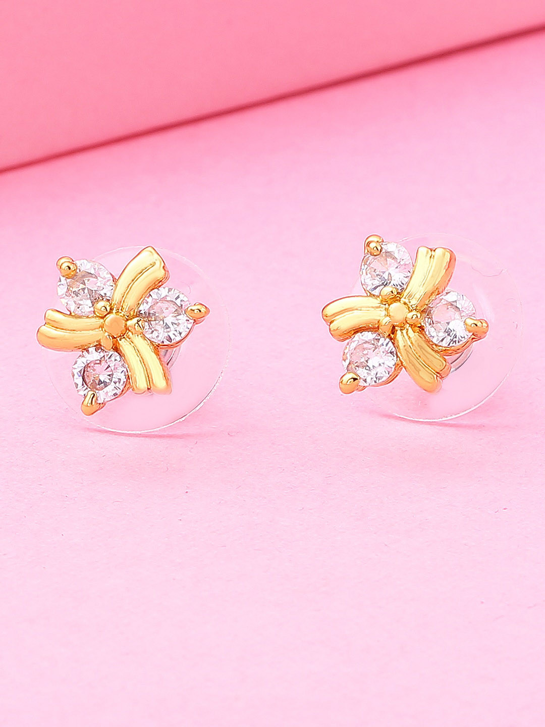 Estele Gold-Plated Floral CZ Stone Studded Studs Earrings
