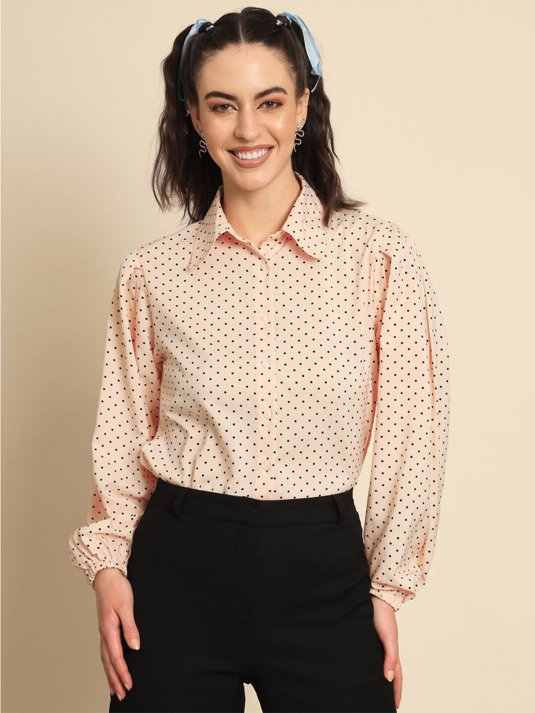 Peach Polka Dot Regular Fit Casual Shirt