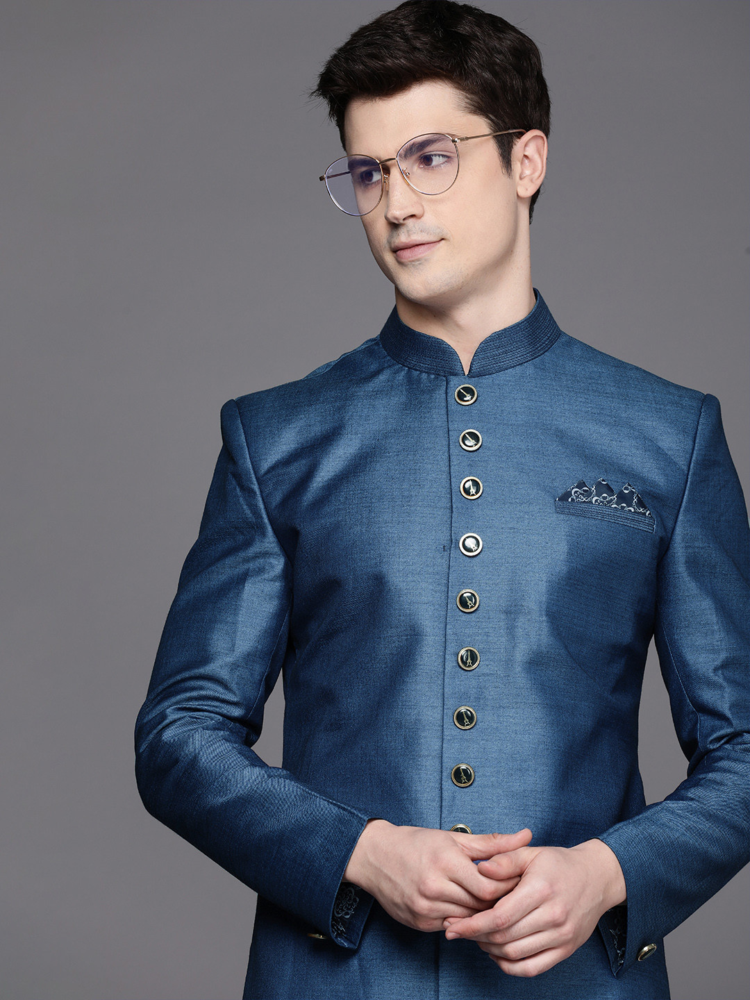 Manu Men Full Sleeves Mandarin collar Kurta With Churidar Solid Sherwani Set