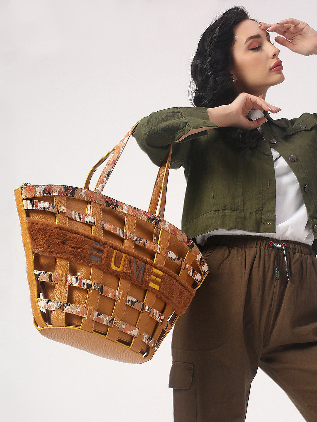 EUME Mustard PU Structured Shoulder Bag with Applique