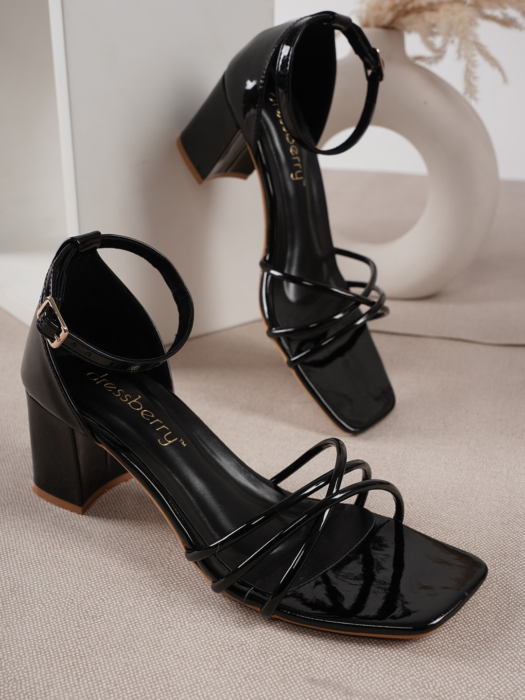 DressBerry Black Strappy Block Heels