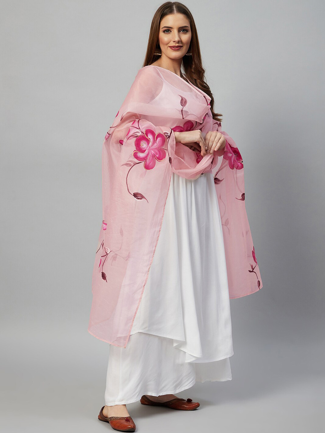 InWeave White Empire Kurta & Palazzos & With Dupatta