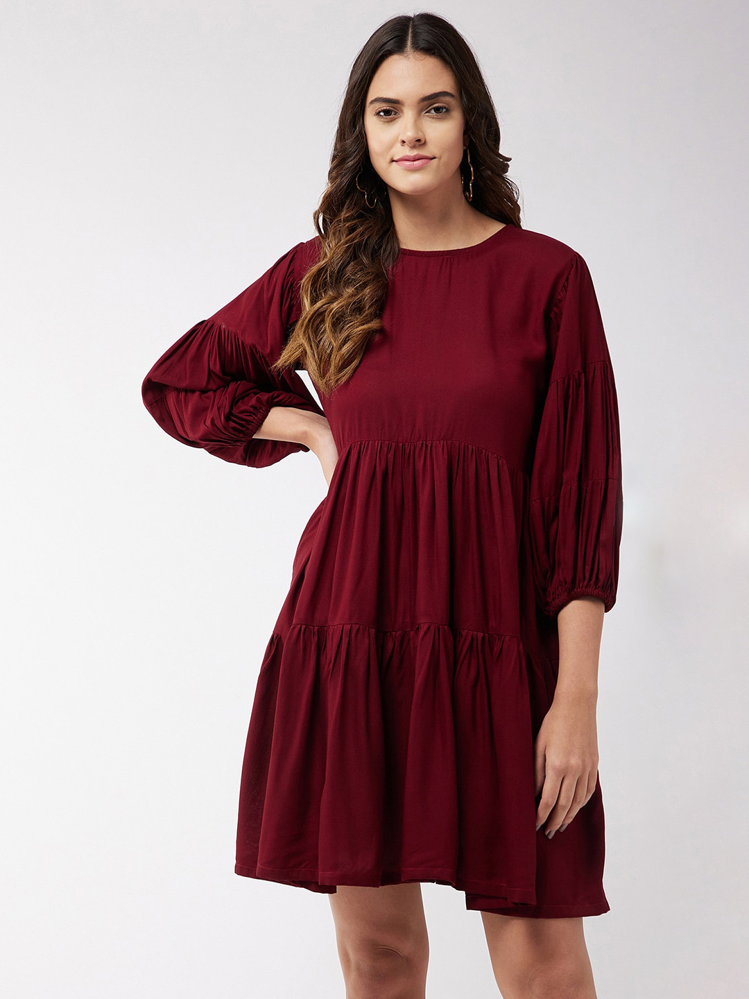 InWeave Maroon Puff Sleeve Tiered A-Line Dress