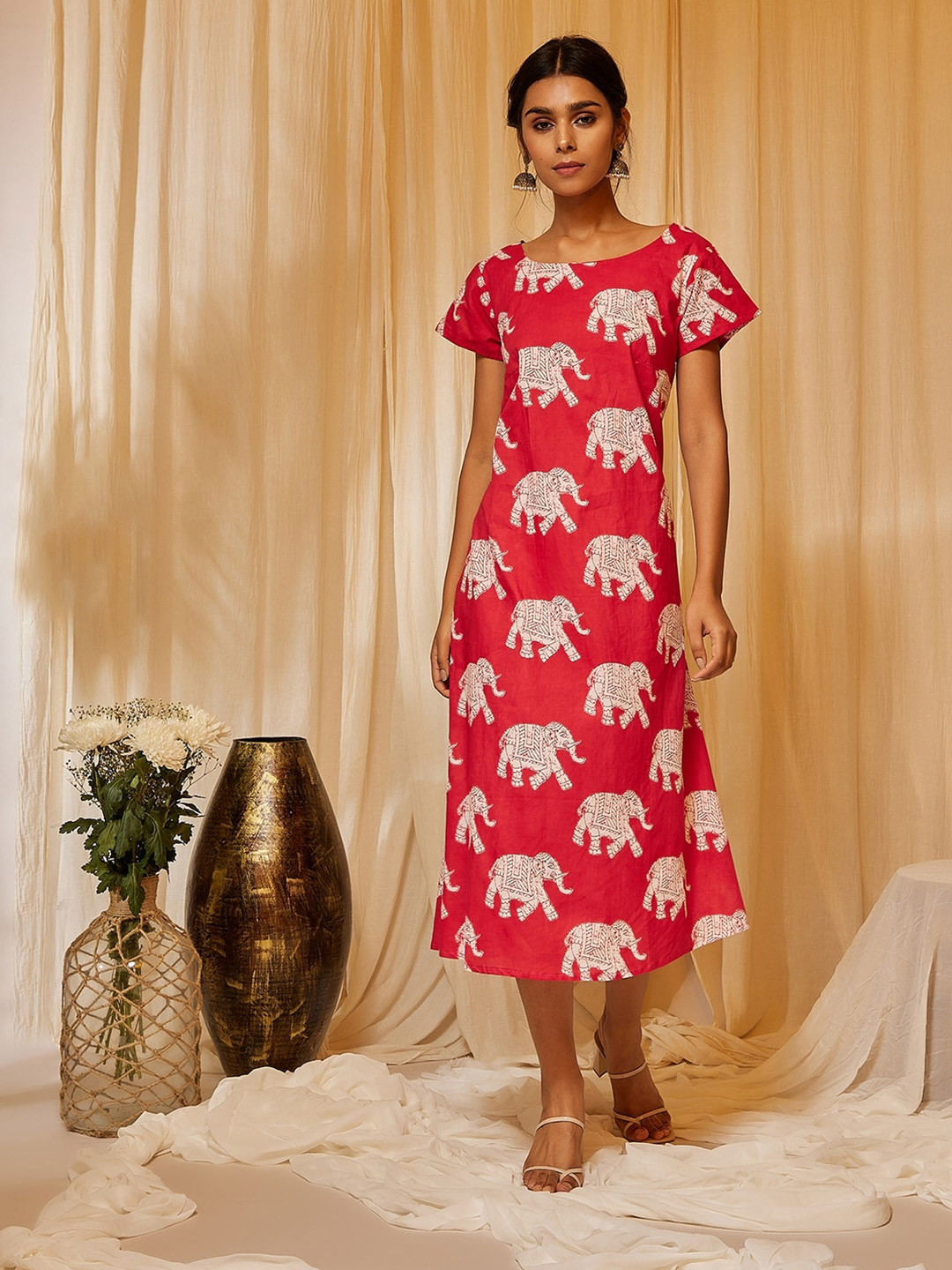 InWeave Red Elephant Print A-Line Midi Dress