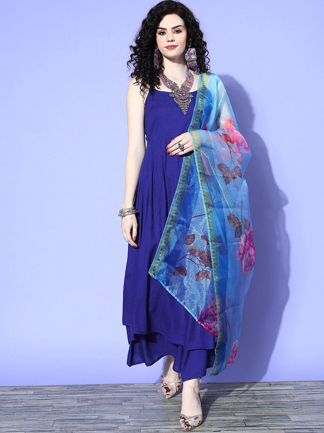 InWeave Blue A-Line Fusion Kurta With Trousers & Dupatta