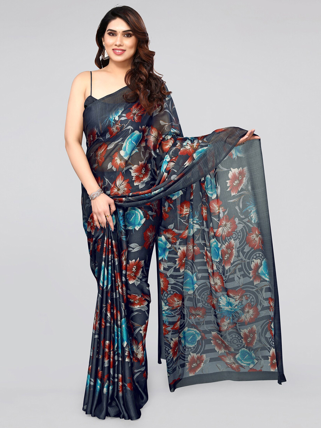 KALINI Floral Poly Chiffon Saree With Blouse Piece