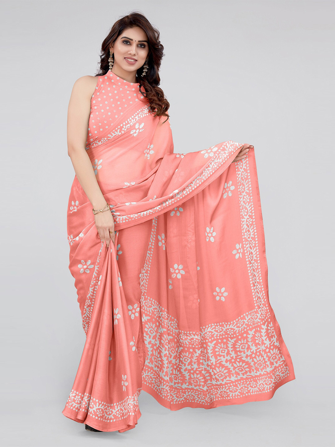 KALINI Batik Poly Chiffon Block Print Saree With Blouse Piece