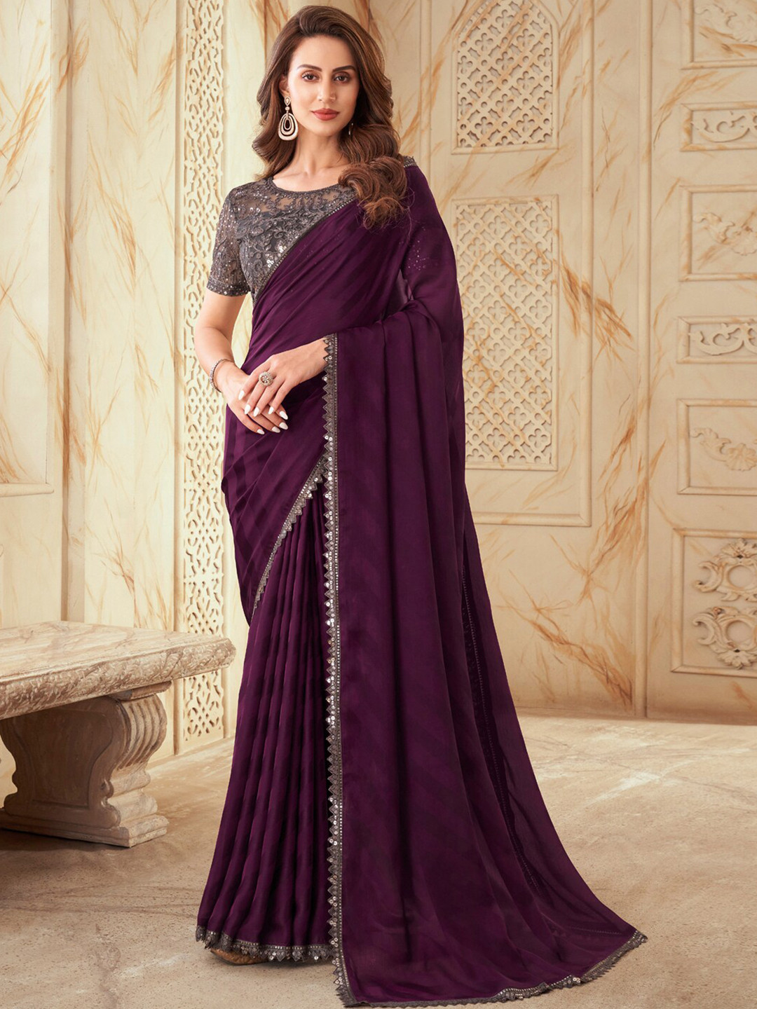Mitera Purple & Grey Embellished Sequinned Chiffon Saree
