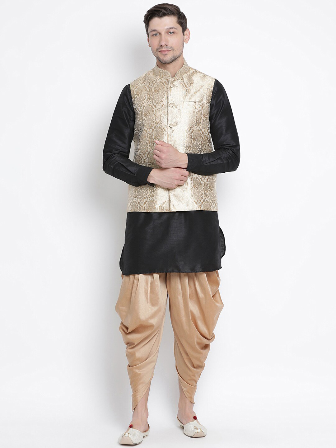 VASTRAMAY Straight Kurta With Dhoti Pants & Woven Designed Nehru Jacket