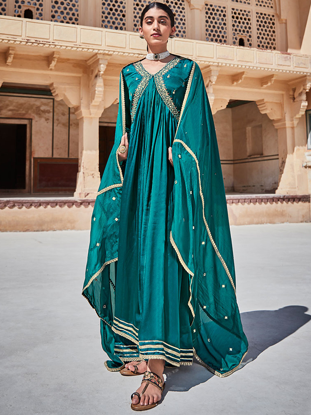 Jaipur Kurti Green & Gold-Toned Ethnic Motifs Embroidered A-line Maxi Ethnic Dress