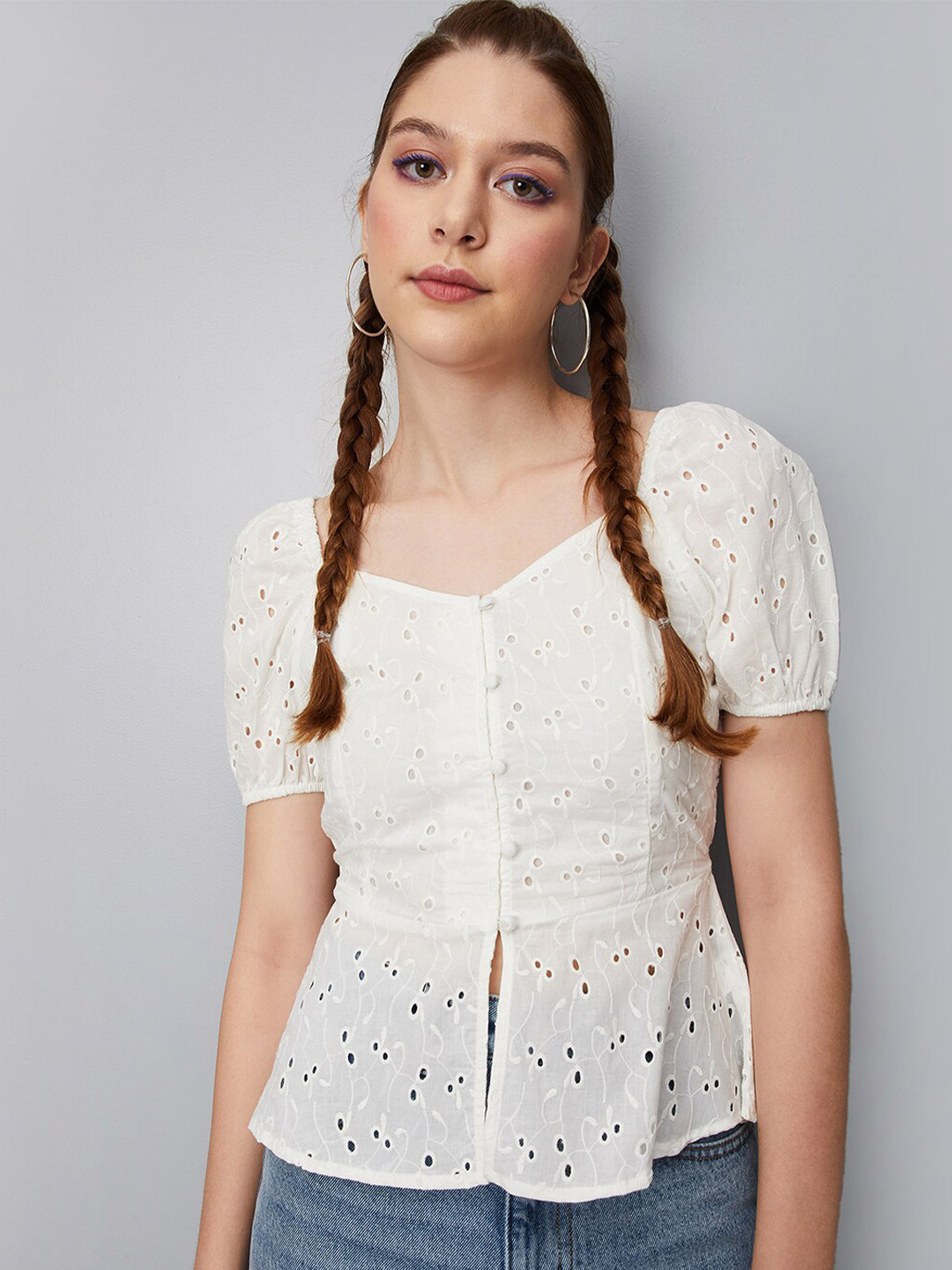 max Self Design Sweetheart Neck Puffed Sleeves Embroidered Pure Cotton Fitted Top