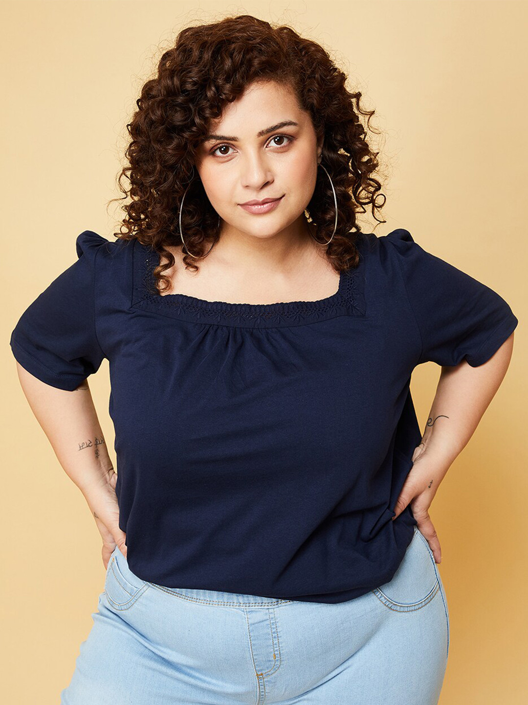 max Plus Size Square Neck Puffed Sleeves Pure Cotton Top