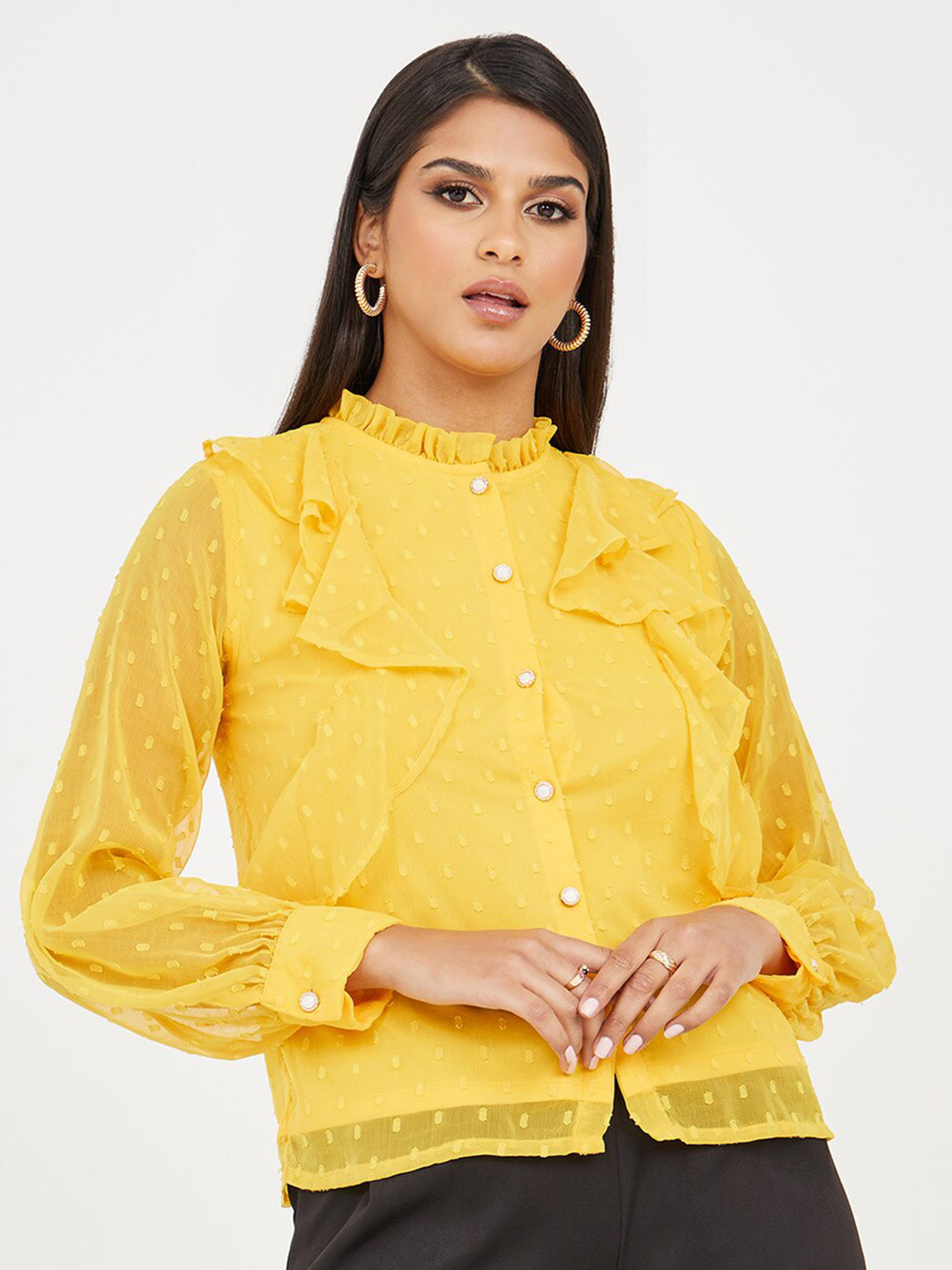 Styli Self Design Ruffled Shirt Style Top