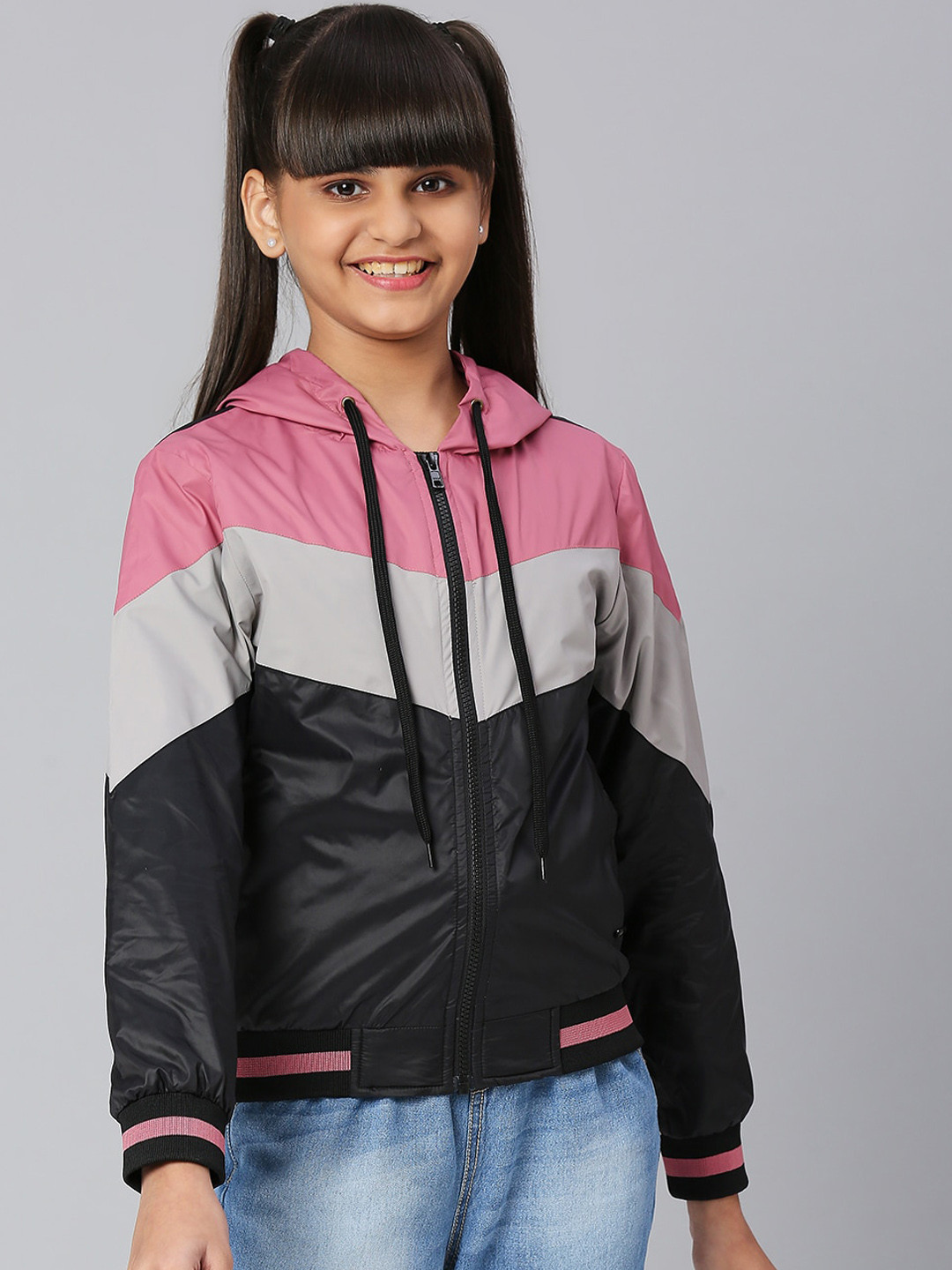 JUSTICE Girls Colourblocked Hooded Lightweight Bomber Jacket