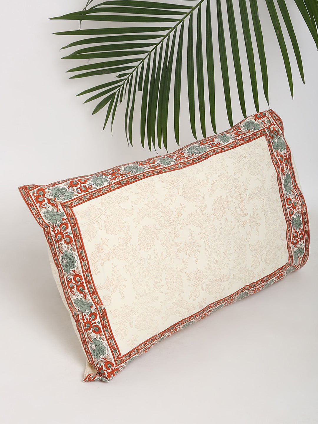 Fabindia Beige & Coral Red-Colored Floral Printed Cotton Pillow Cover