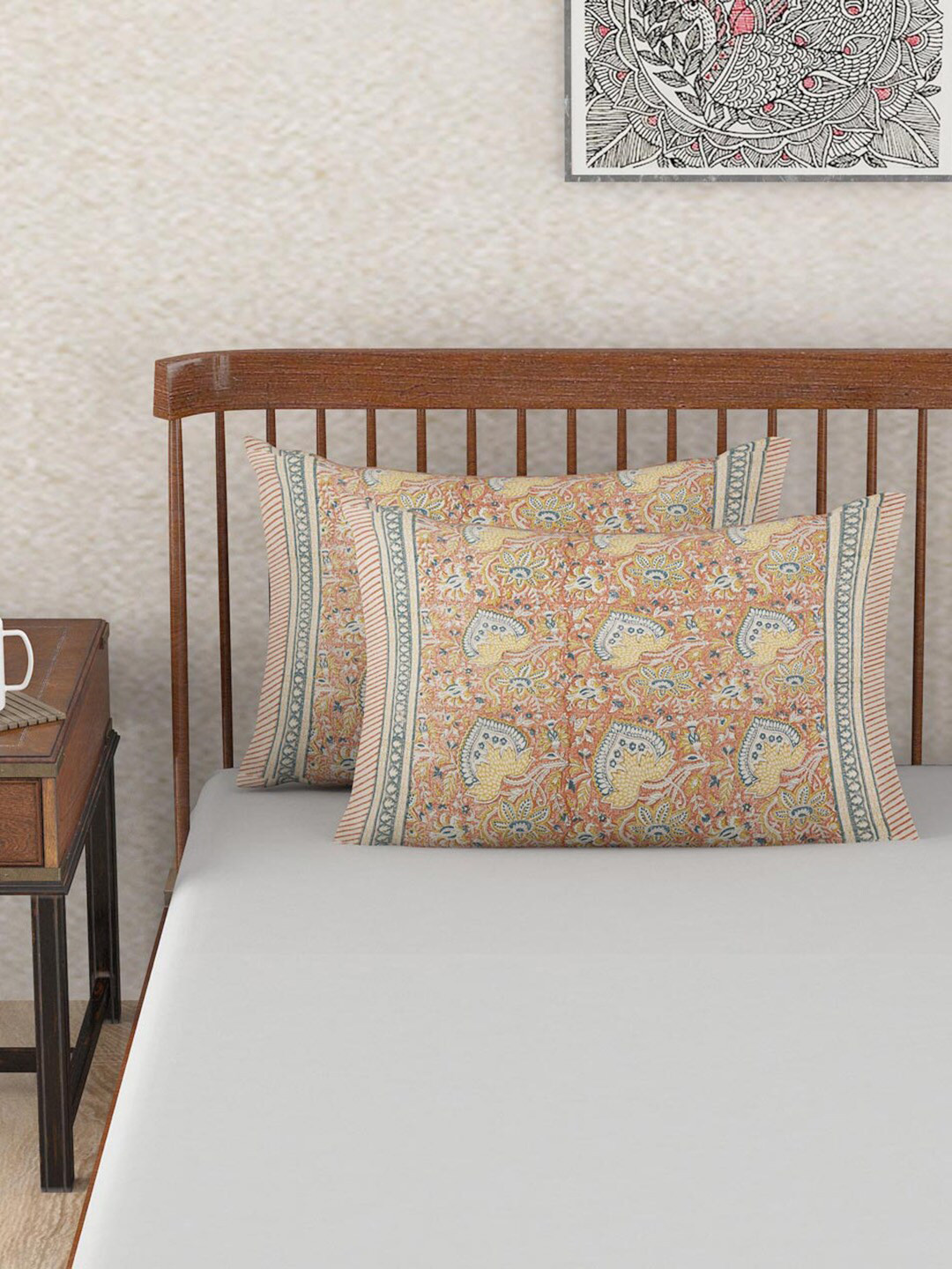 Fabindia Beige & Coral Red 2 Pieces Ethnic Printed Cotton Pillow Covers