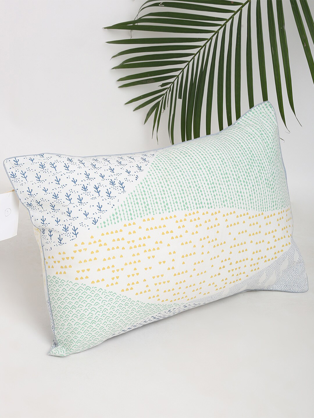 Fabindia White & Yellow 2 Pieces Printed Cotton Pillow Covers