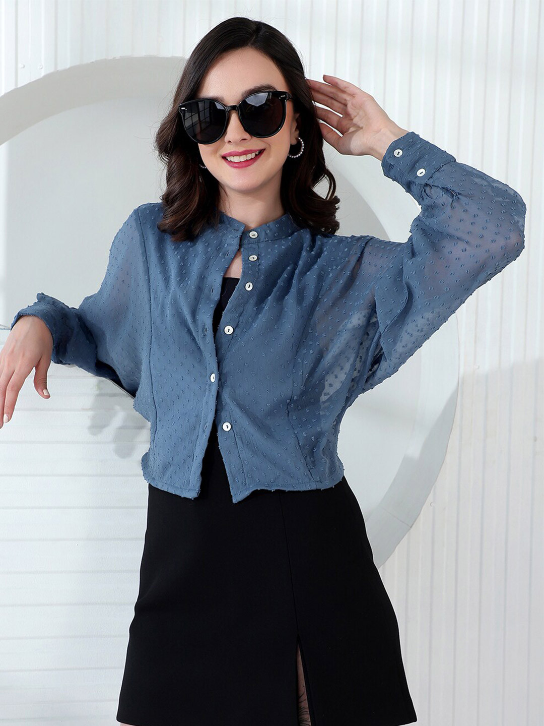 KASSUALLY Teal Blue  Semi Sheer Self Design Mandarin Collar Dobby Casual Shirt