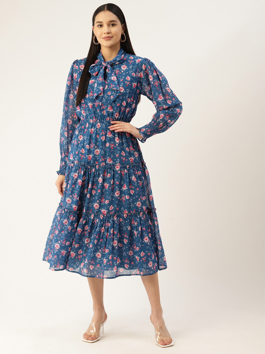 Deewa Floral Print Tie-Up Neck Puff Sleeve Ruffled Georgette A-Line Maxi Dress