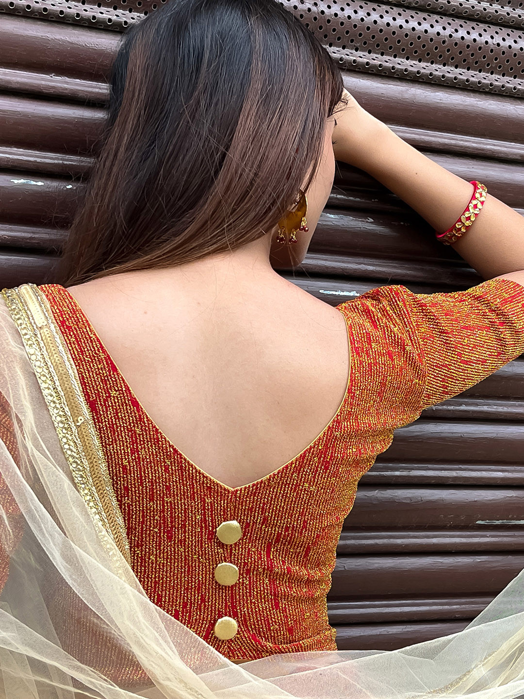 Bindigasm's Advi Zari Embellished Jacquard Stretchable Readymade Saree Blouse