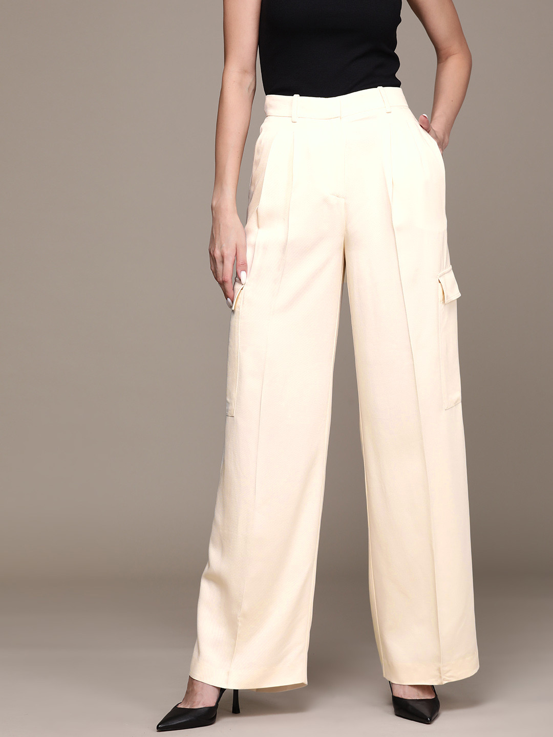 MANGO Women Wide Leg Pleated Cargos Trousers