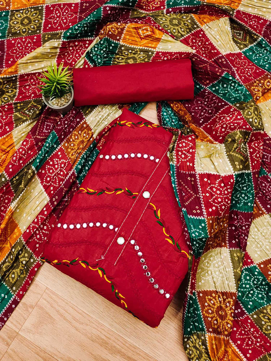 KALINI Bandhani Printed Mirror Work Embroidered Cotton Silk Unstitched Dress Material