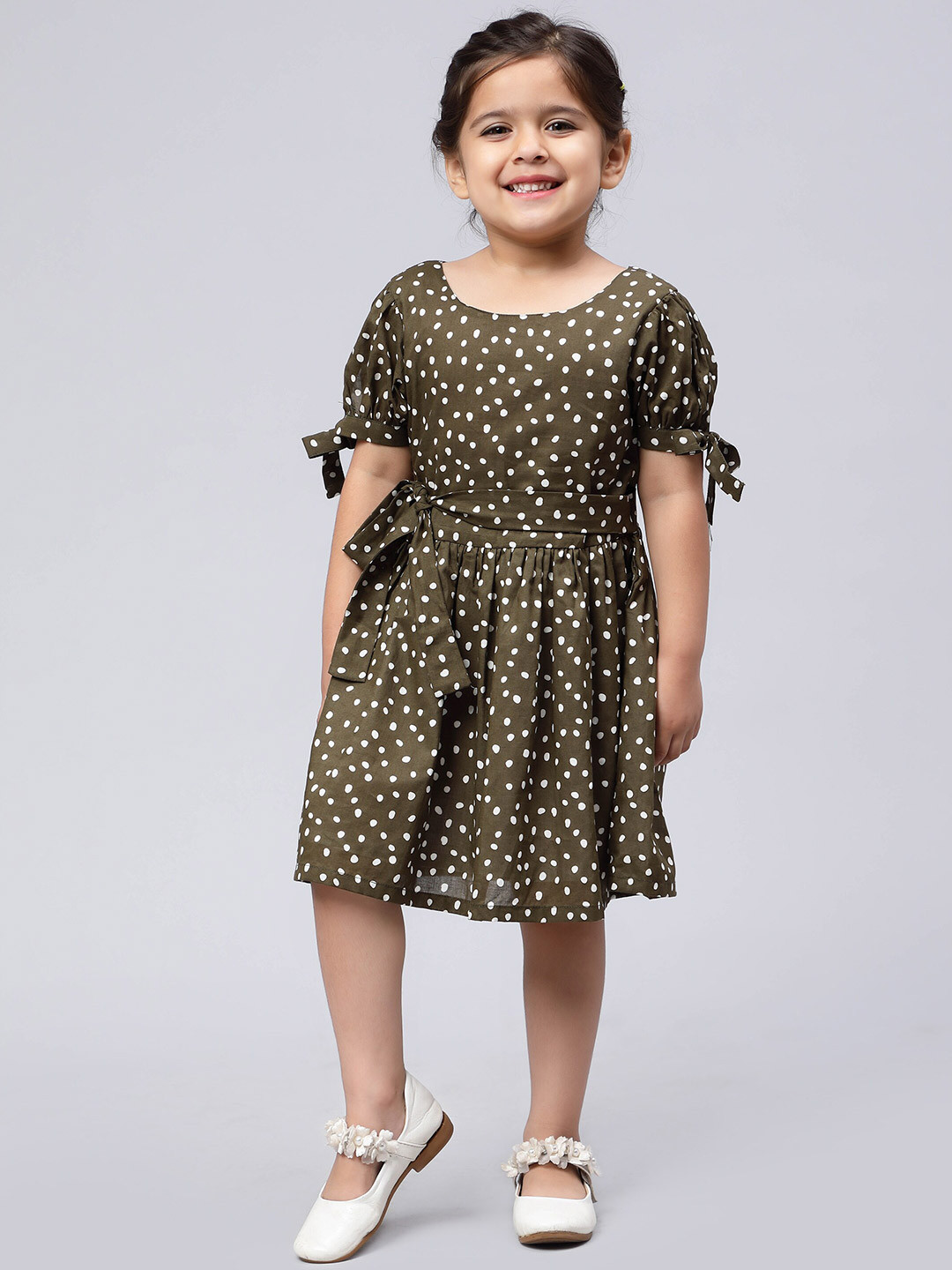 Biglilpeople Olive Green Floral Print Bell Sleeve Fit & Flare Dress