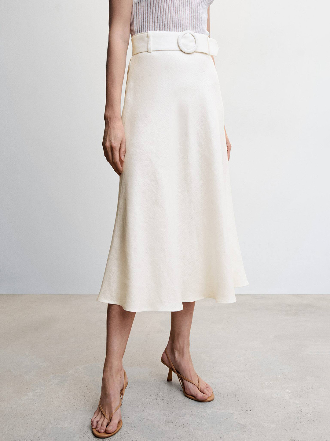 MANGO Linen Flared Midi Skirt With Belt